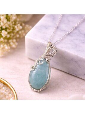 Larimar Pendant Necklace With S925 Plated Chain Wire-Wrapped Teardrop Design Han
